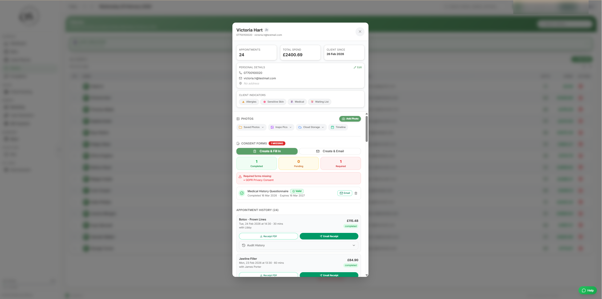 LightDay client card and history